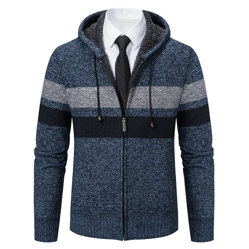 Maglione da uomo cardigan giacca in maglia con cerniera a righe in pile caldo maglioni con cappuccio cappotto da uomo casual da strada giacca da uomo maglione