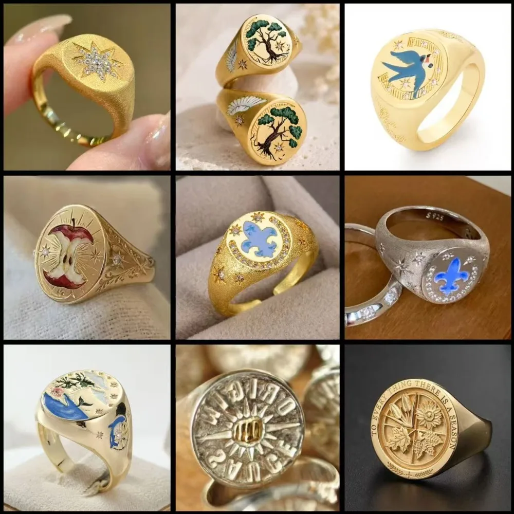 Anillos con Escudo Familiar de Estilo Retro Medieval para Hombres y Mujeres, con Incrustaciones de Circonita en Oro y Plata, Joyería de Lujo, Anillo de Sello para el Dedo Anular