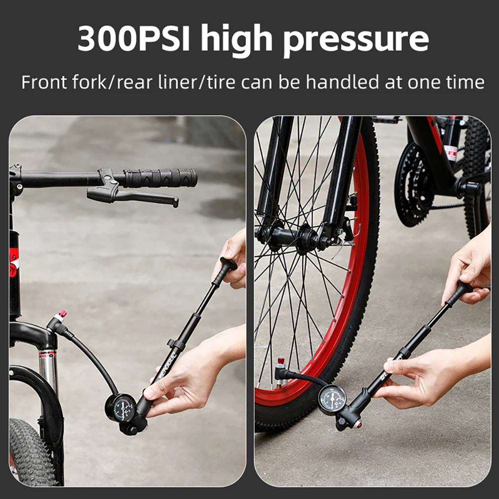 300PSI High-pressure MTB Bicycle Pump with Gauge Bike Manual Air Inflator 360 Degree Rotary Hose with Fork Rear Suspension Tire