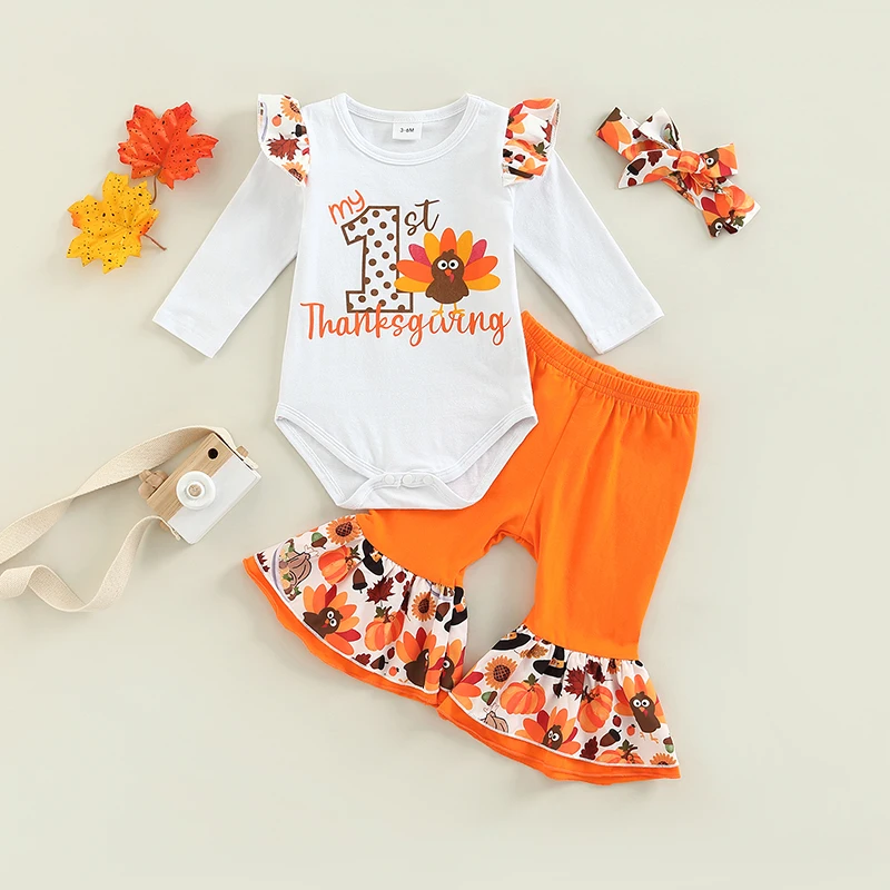 Schattige baby-outfitset Leuke uitlopende broek met kalkoendag, bijpassende hoofdband voor babymeisje