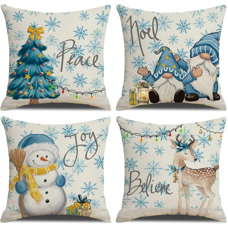 

Christmas Pillowcase 20in x 20in 4-piece Set Family Farmhouse Decoration (Tree Snowman Dwarf Deer) Blue