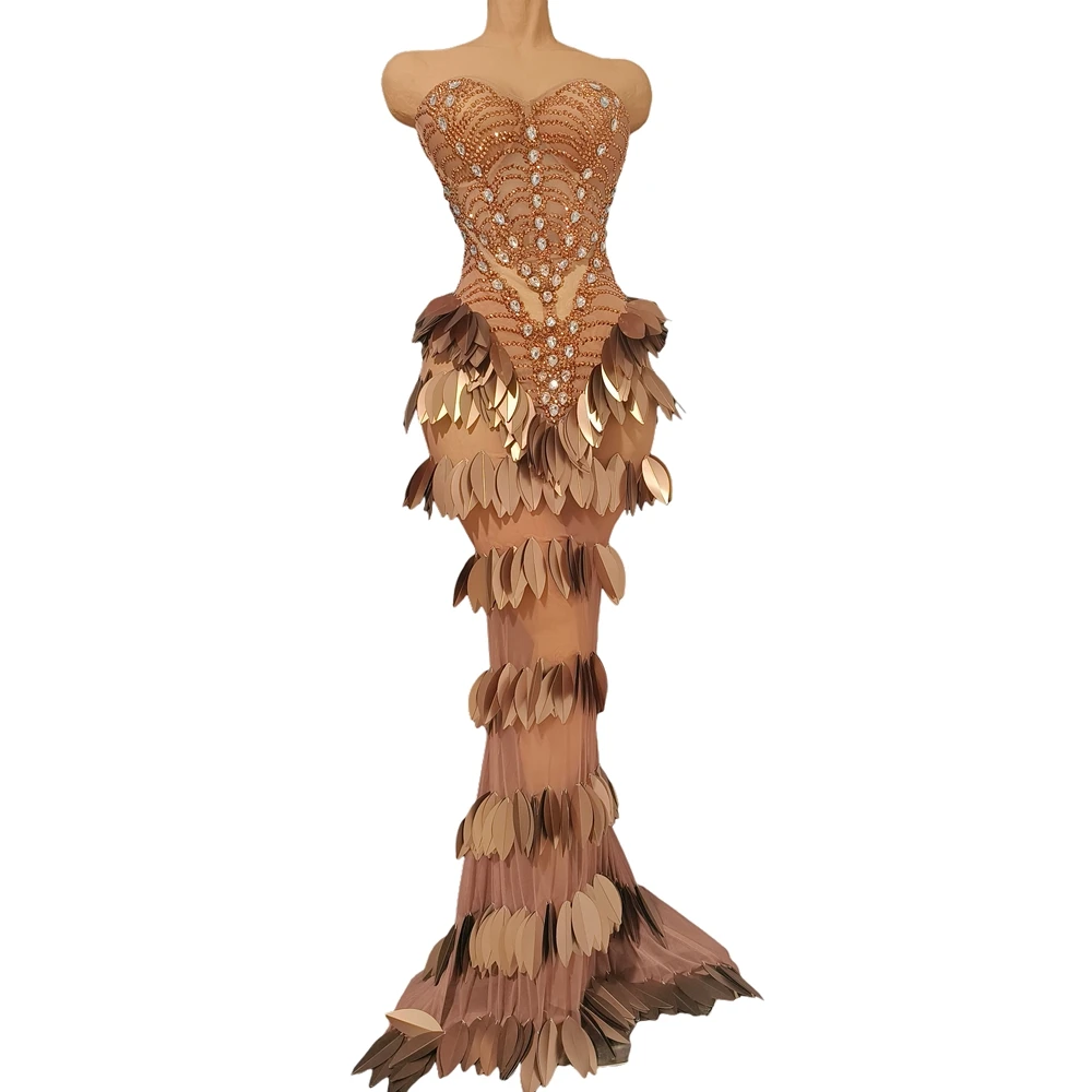 Sparkly Rhinestone Plastic Feather Strapless Birthday Celebrate Evening Prom Long Dress Women Sexy Transparent Photo Shoot Wear