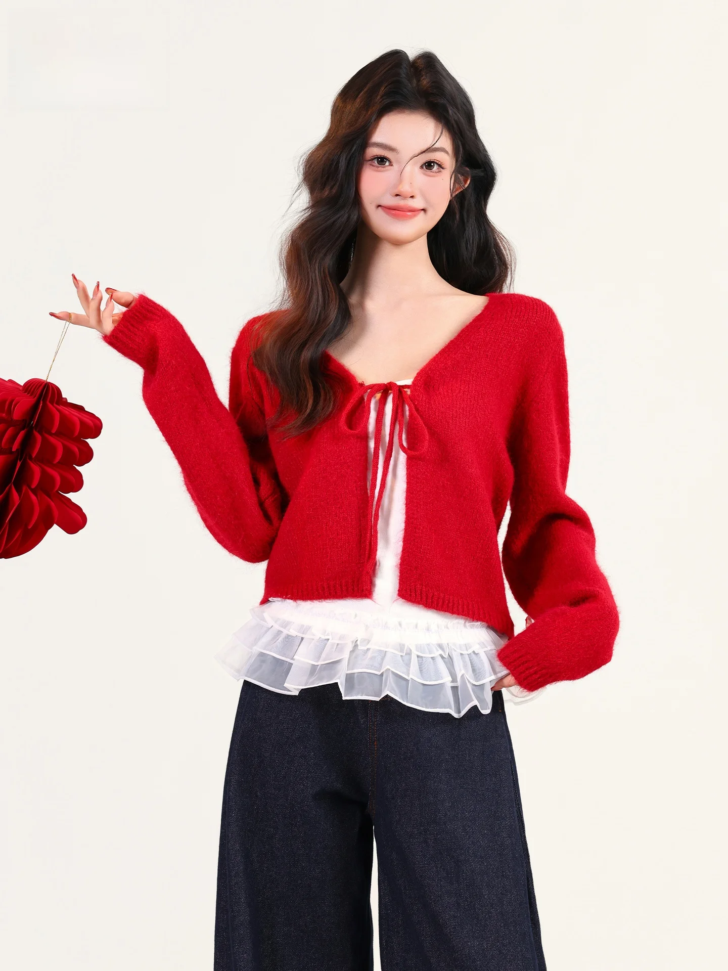 

Red New Year Atmosphere Sweater Women's Slim Fit Knitted Vest Set Spring Casual Style Long Sleeve V-Neck Two-Piece Suit