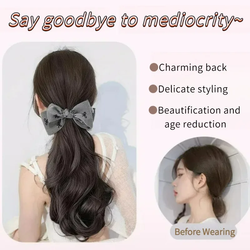 16Inch Synthetic Long Curly Wavy Ponytail With Grace Cloth Butterfly Knot Claw Clips Ponytail Hairpieces for Women Daily Use