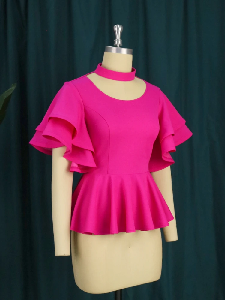 Women Summer Fuchsia Tops Halter High Neck Layered Flare Sleeve Peplum Shirt Blouses Elegant Fashion Large Size Stretch Clothes