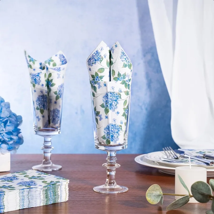 ผ้าเช็ดปากลายดอกไฮเดรนเยีย 25 ชิ้น ผ้าเช็ดมือ 3 ชั้น สำหรับห้องน้ำ งานแต่งงาน งานเลี้ยงฉลองทารก งานเลี้ยงน้ำชา งานเลี้ยงในสวน งานวันเกิด