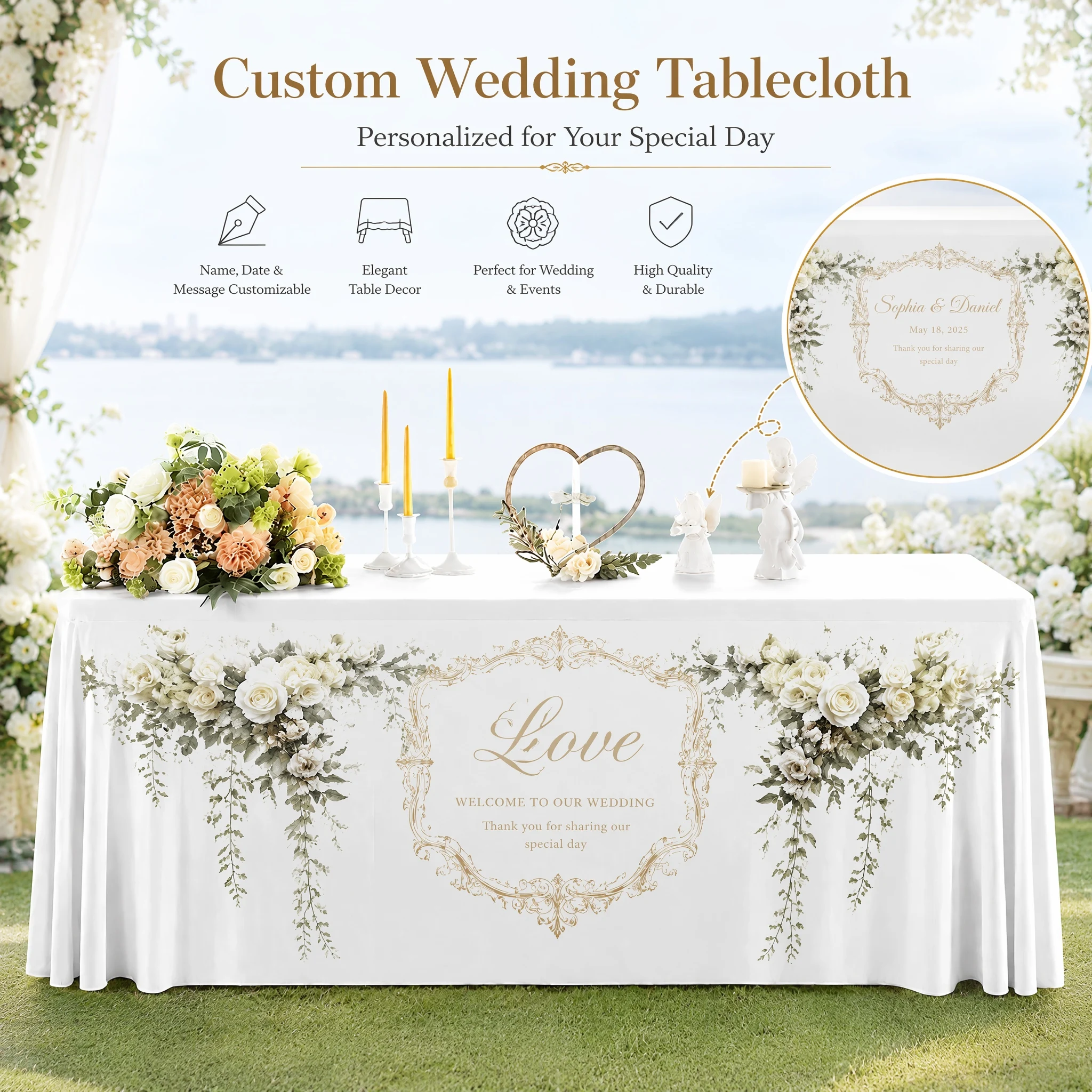 Romantic Custom Wedding Table Cover Personalized Name Floral Tablecloth for Bride Groom Reception Decoration