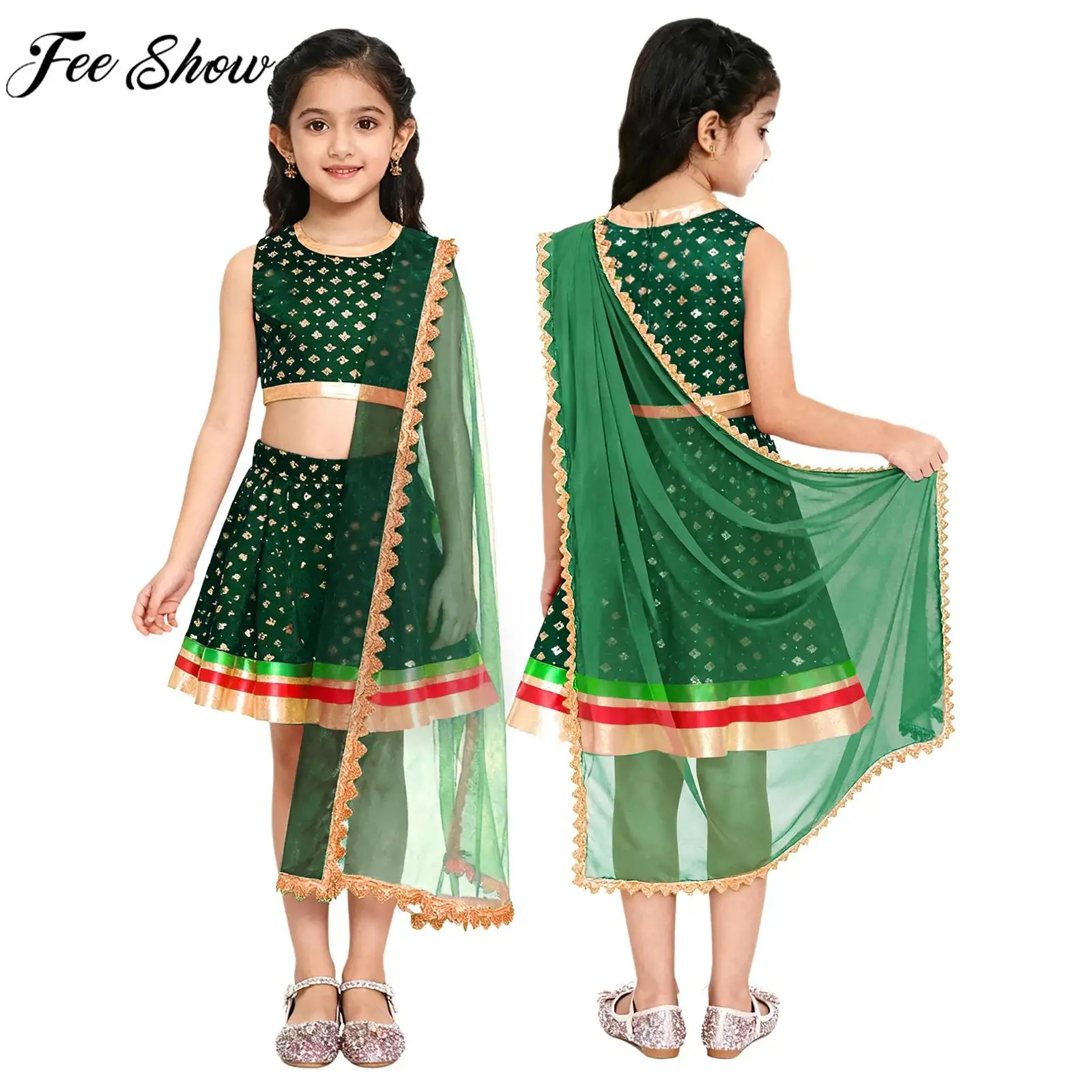 Girls Indian Traditional Ethnic Costume Metallic Floral Print Lehenga Choli Set Crop Top with Skirt Halloween Theme Party Outfit