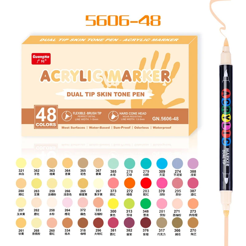 

Акриловый маркер цвета кожи GuangNa, 24/48 цветов, жесткий двойной наконечник/кисть на водной основе, роторная краска на стеклах, керамический камень, сделай сам