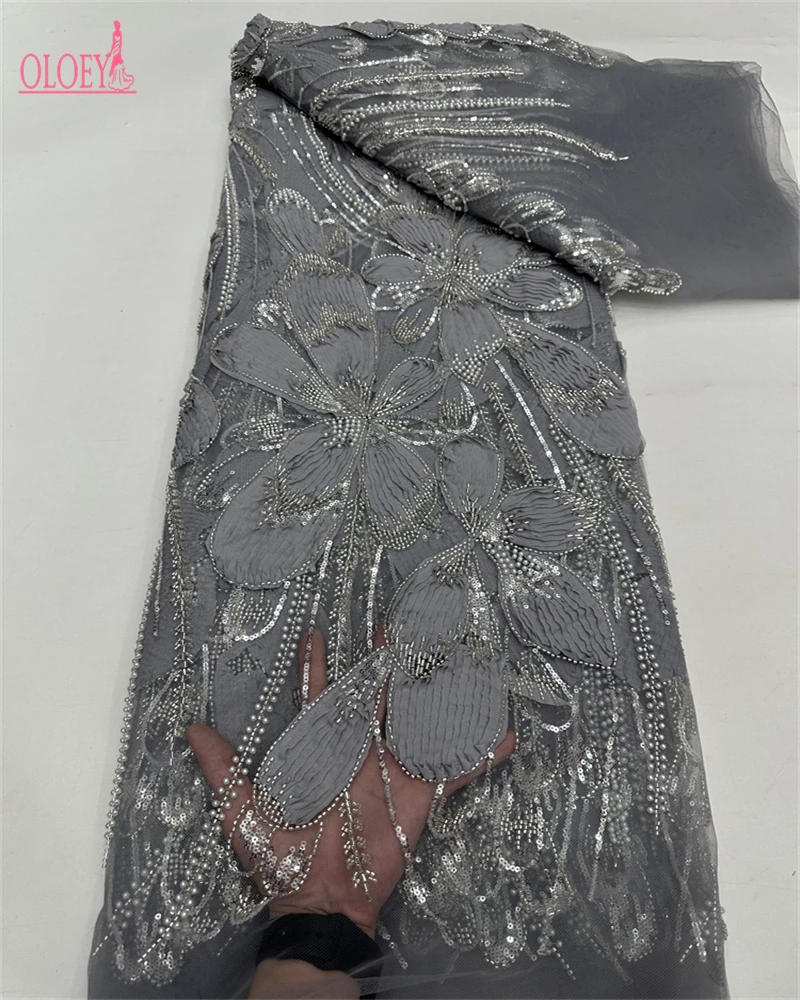 OLOEY Luxury Beaded Lace Fabric for Bridal Wedding Dress High Quality 5 Yards French Net Sequined African Sequined