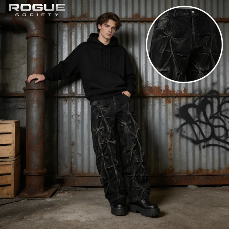 Calças Jeans Grunge Plissadas Enceradas Unissex Streetwear Lavadas Baggy Góticas Y2K com Costuras e Efeito Desgastado Punk Harajuku