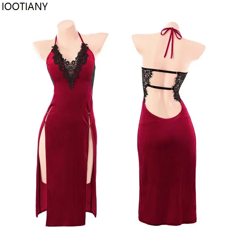 

Nightclub Sexy Girl V-neck Velvet Cheongsam Underwear Woman Cosplay Maid Kawaii Women High-slit Mini Cheongsam Red Nightdresses