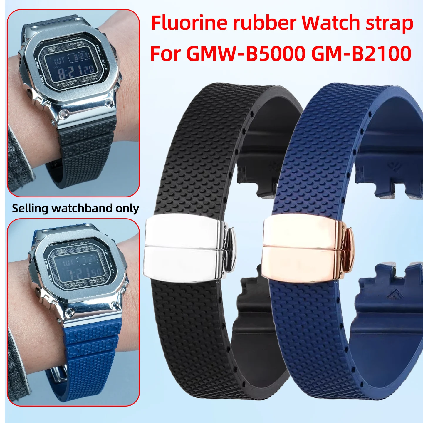 

High Quality FKM Rubber Strap For Casio Modified GMW-B5000 GM-B2100 Fluoro Rubber Watch Band Wristband Folding Buckle Bracelet