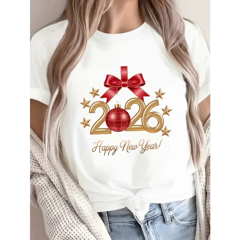 

Женская футболка Happy New Year 2026 с золотым номером 2026 и красным узором с бантом, мягкий повседневный топ, хлопковая футболка с круглым вырезом на Новый год