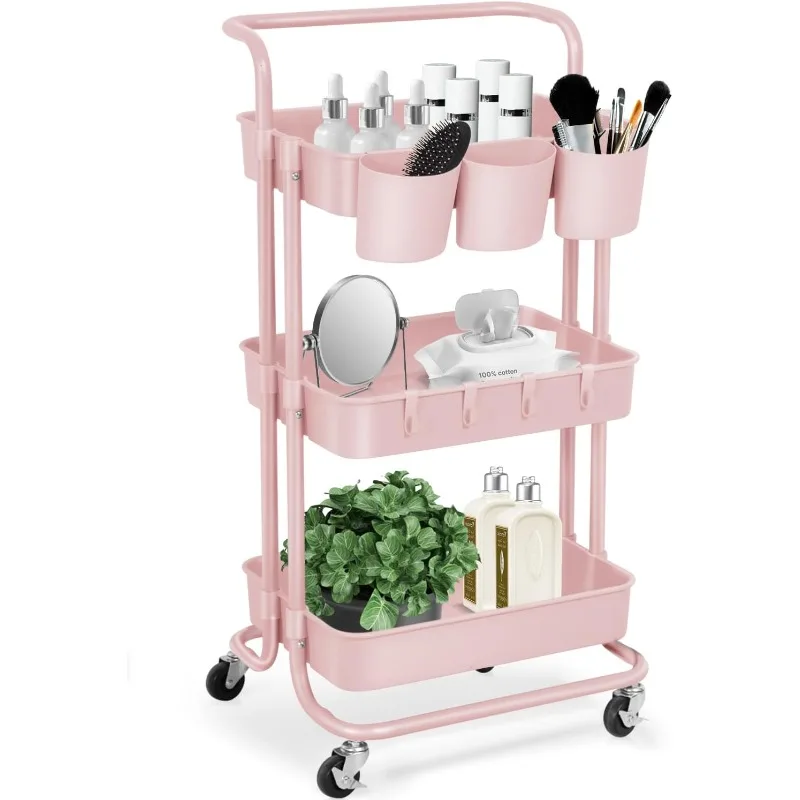 

3 Tier Rolling Storage Cart with Wheels, Multipurpose Adjustable Makeup Cart Hair Salon Trolley with Handle