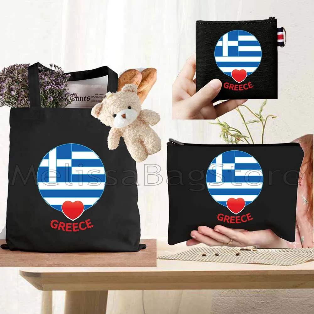 

4PCS Gifts Set Greece Heart Flag Black Canvas Tote Bag Handbag with Doll Key Coin Purse Cosmetic Makeup Toilet Bag Case Pouch