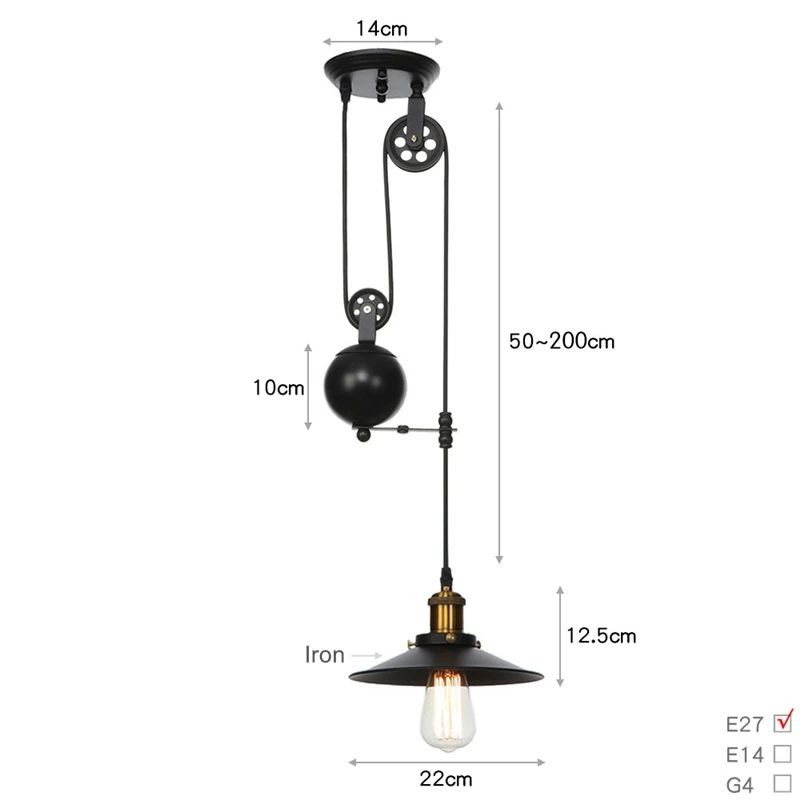 Iron Pulley Retro Edison Bulb Light Chandelier Vintage Loft Antique Adjustable DIY E27 Art Ceiling Pulley Pendant Lamp