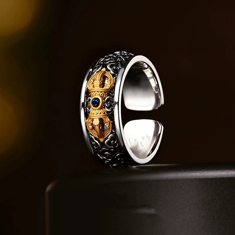Creative Retro Thai Silver Antique Pestle Ring Men's Tibetan style Open Rings High-end Feeling Auspicious Clouds Finger Jewelry