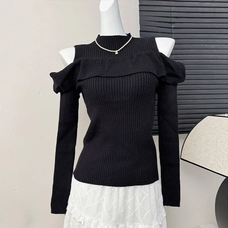 

Sexy Off Shoulder Long Sleeve Sweater Half Turtleneck Pullover Ruffle Patchwork Women Clothing Slim 2025 Early Autumn New Korean