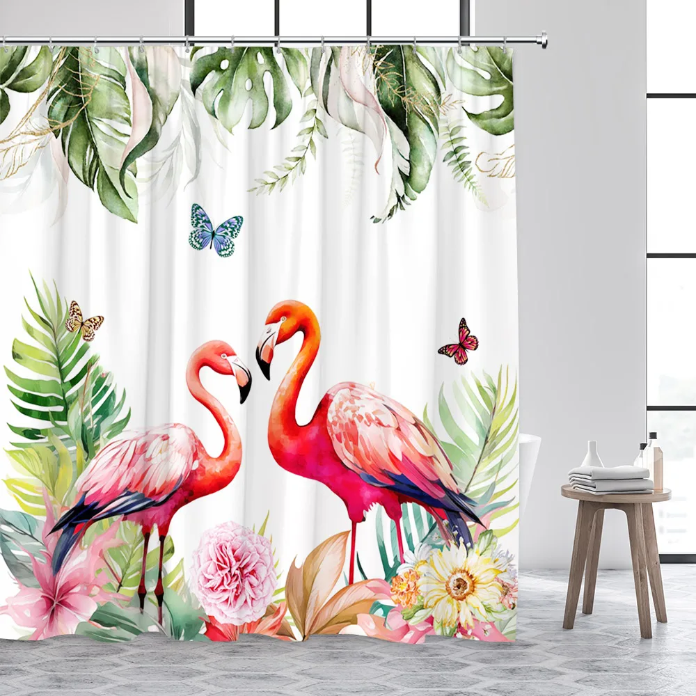 Tropical Flamingo Shower Curtain Floral Butterfly Green Monstera Palm Leaves Plant Bath Curtain Fabric Bathroom Decor with Hooks