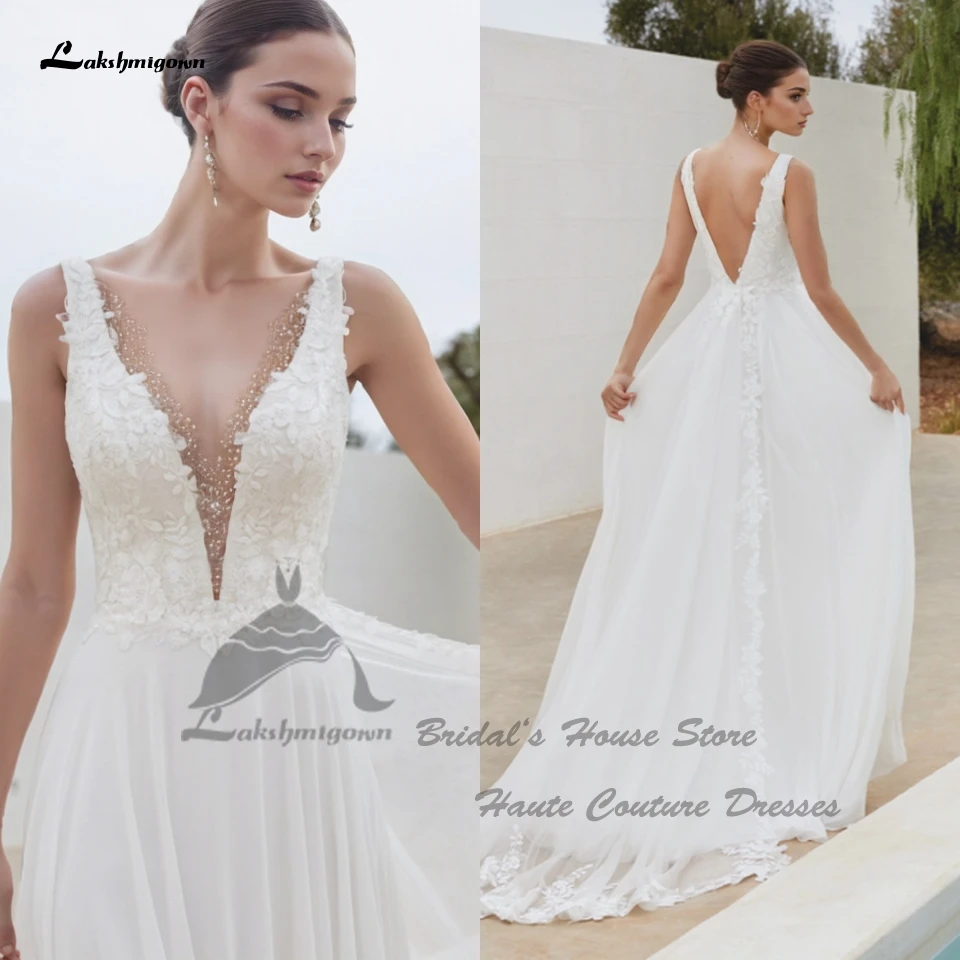 

Lakshmigown Backless Chiffon Long Beach Wedding Dresses 2025 Plunging V Neck Sexy Boho Bridal Gowns Customized Lace Appliques