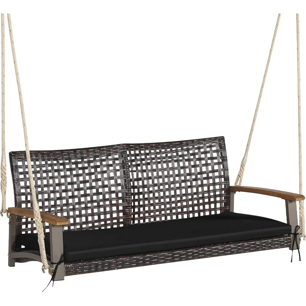 

2 Person PE Wicker Porch Swing Bench, Outdoor Hanging Swing with Soft Seat Cushion and Hanging Ropes