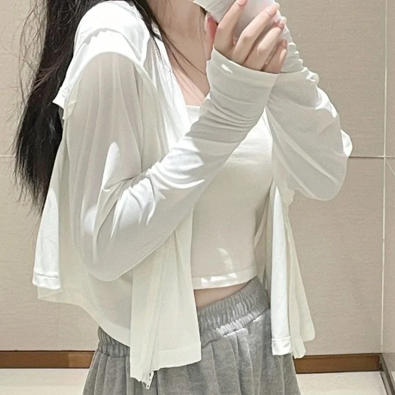 Jaqueta à prova de sol feminina, fina e respirável, estilo coreano, monocromática, combina com tudo, chique, casual, moda solta, temperamento feminino, verão