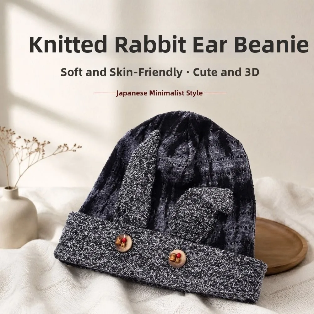 Fashion Soft Women Button Rabbit Ears Beanies Thickened Breathable Ear Warmer Cap Elasticity Coldproof Stack Hat Winter Outdoor