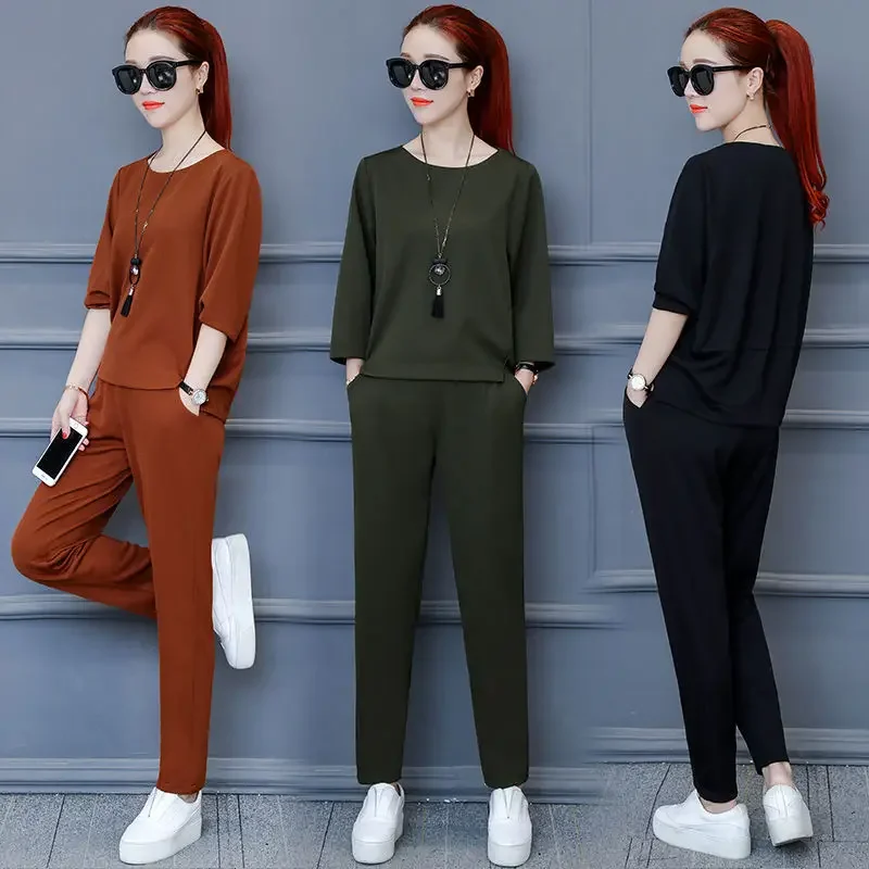 

Summer Women Fashion Loose Solid Sports Suits O-neck Half-sleeve Tops + High Waist Harlan Pants Two-piece Set M-4XL Y664