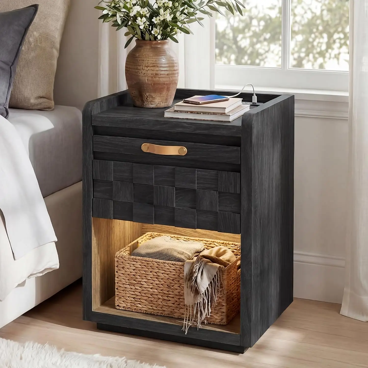 Modern Nightstand with Charging Station & LED Light, Wooden Bedside Table with Drawer & Pull-Out Tray, Open Storage for Bedroom