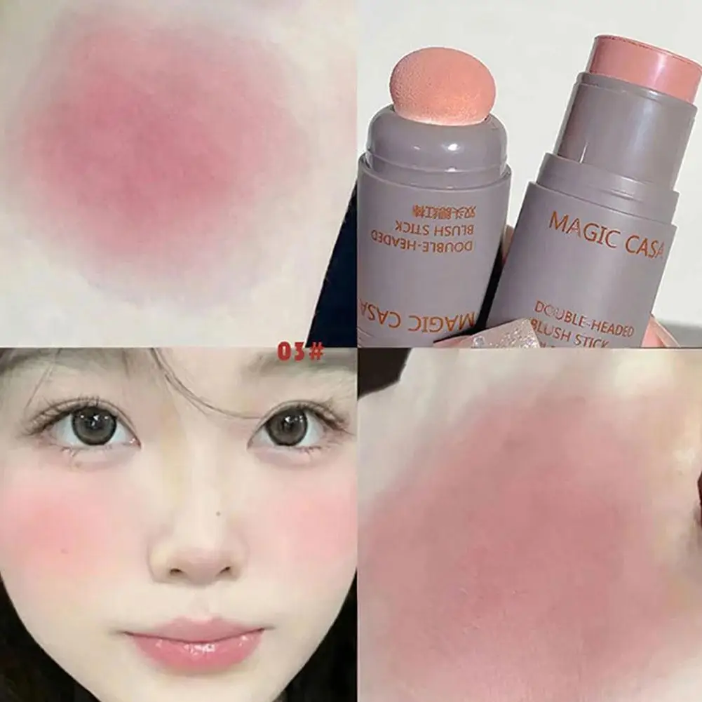 Bastão de blush de esponja de duas cabeçadas, maquiagem multiuso à prova d'água, bochecha e lábio sedosos, cosméticos faciais naturais duradouros, 1pc