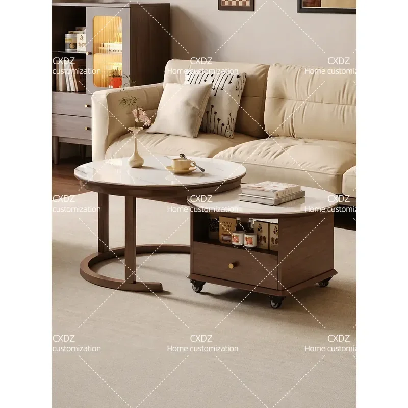 Mobile coffee table household small apartment medium and ancient style solid wood rock slab 2026 new living room small round