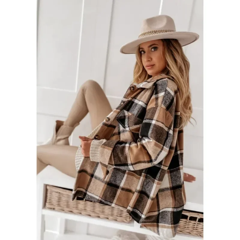 Large Pocket Loose Bleads Plaid Woolen Casual Y2K American Style Shirt Caots Women Long Sleeve Fashion Loose Shirt Jackets