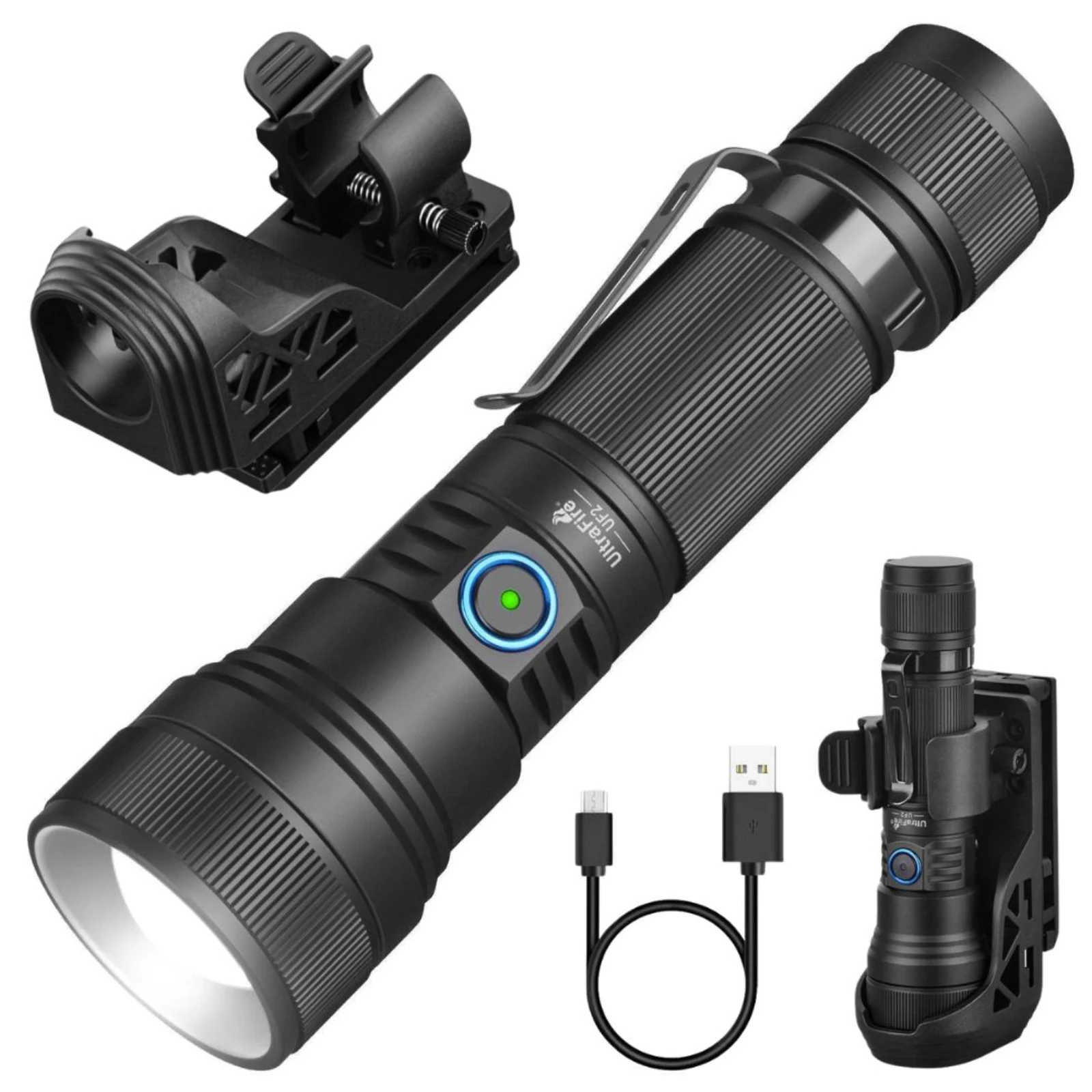 

UltraFire UF2 Tactical Police Flashlight with Belt Holster 1500 Lumen Powerful USB C Rechargeable Flashlights with Magnetic Tail