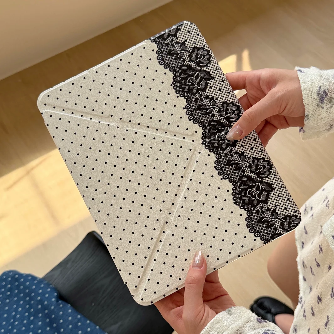 Polka Dots Lace Korea ins Y2K Girl 3+Y-fold Flip Clear Cover For iPad 10th 11th Gen 7/8/9 10.2'' Air 4 5 6 7 11 Mini 6 7 Case