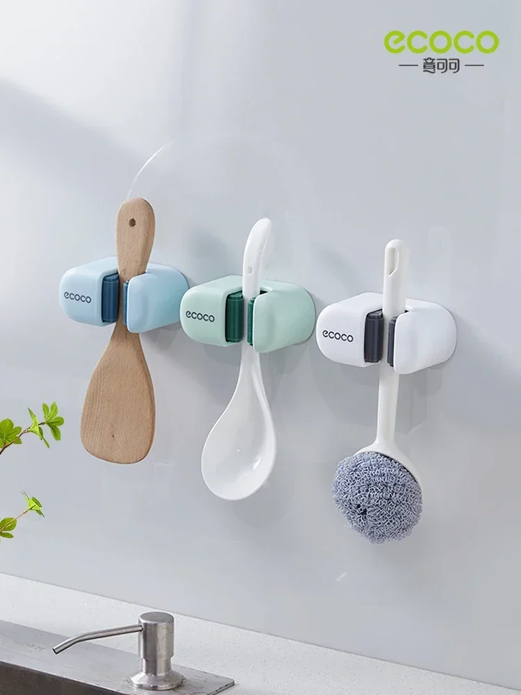 Ecoco Mop Hook Hanger Hole Free Wall Hanging Toilet Mop Storage Rack Adhesive Strong Fixing Clip Broom Clip Kitchen Organizer