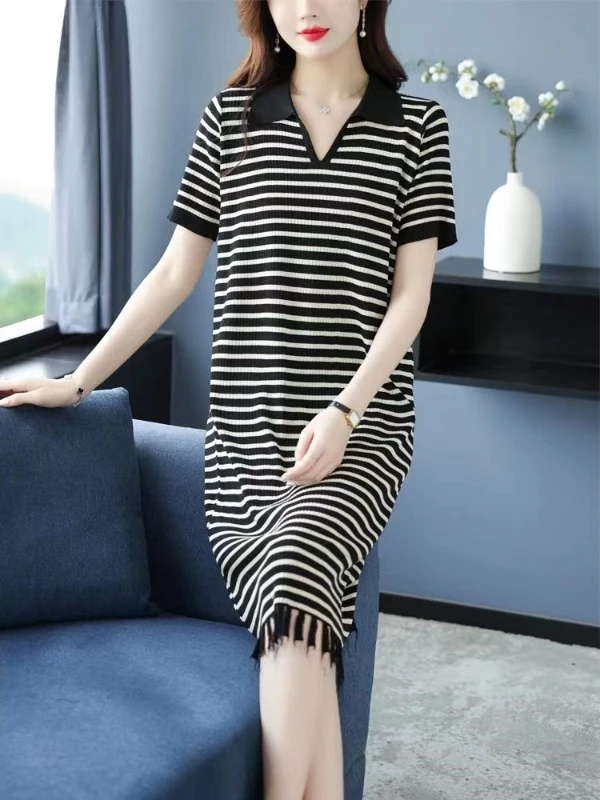 Verano suelto de punto cuello largo Dr mujer Faion diseño rayas A-Line falda fibra de poliéster ort Sve Dr