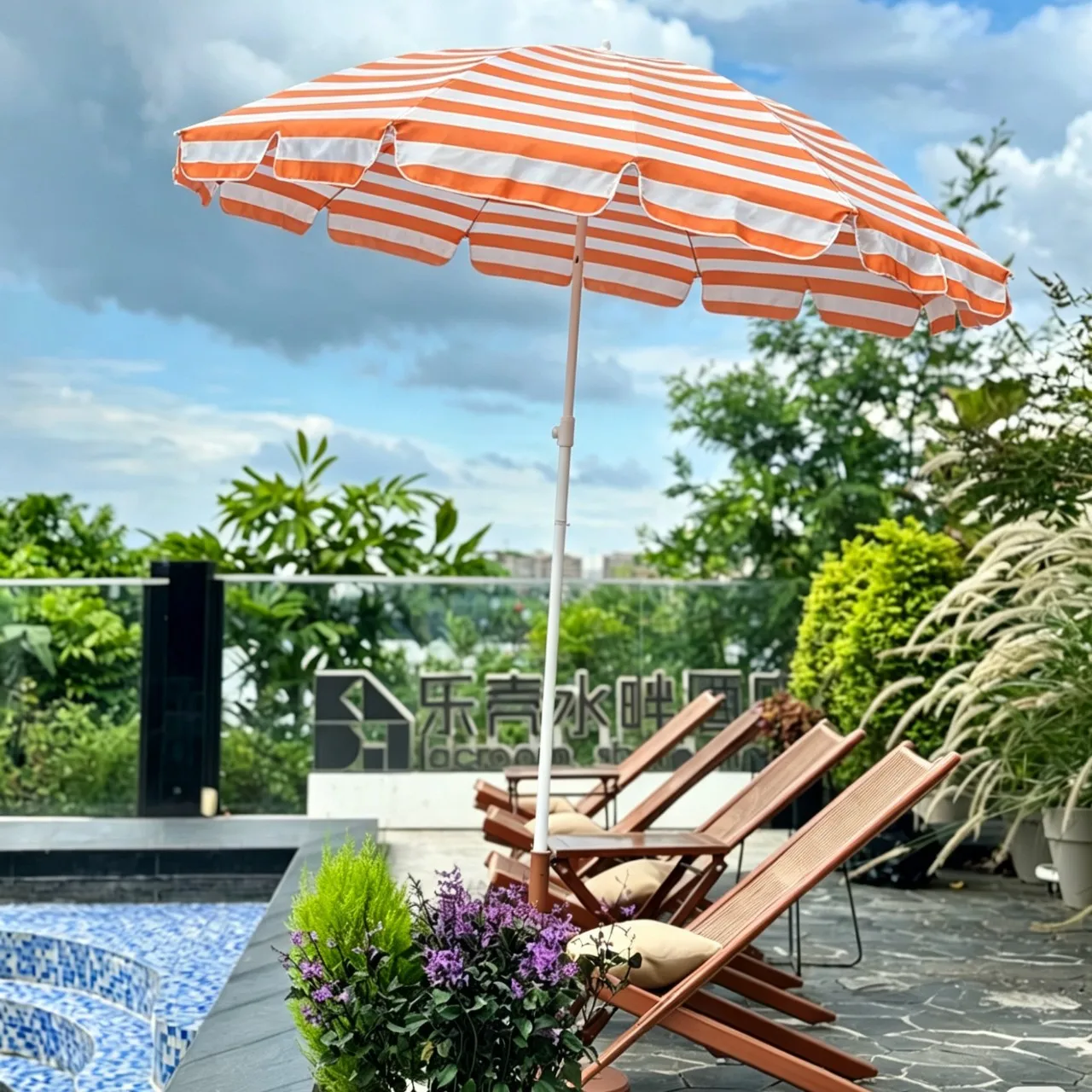 Orange White Stripe Wave Edge Patio Parasol Outdoor Garden Sun Shade Umbrella For Poolside Cafe Backyard Decor Without Base