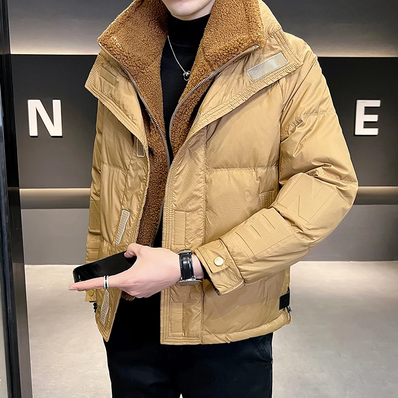 

Fashionable Handsome Men Down Jacket European American Simple Hatless Stand-up Collar Zipper Coat Drought Resistant Warm Men