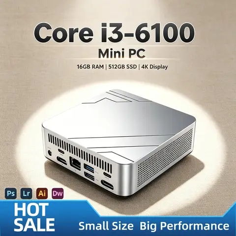 Intel i3-6100 Desktop Computer 16GB DDR4 512GB M.2 NVMe SSD Triple 4K HDMI DP WiFi6 BT 5.2 Silent Cooling Compact PC Office Home