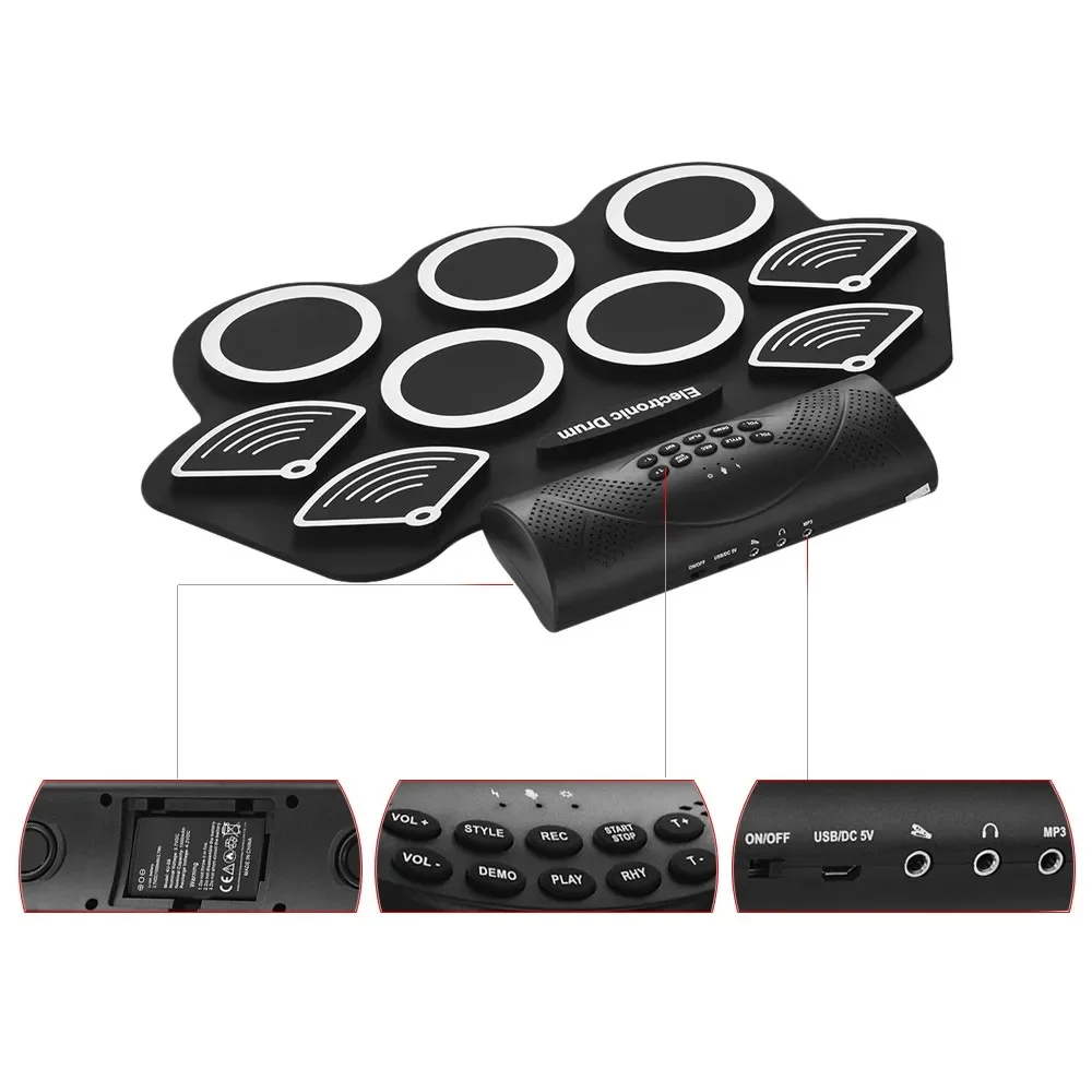 Portable Electronic Drum Kit Hand Roll Drum Set 9 Silicon Pads Built-in Stereo Speaker 1000mA Lithium Battery with Drumsticks Fo