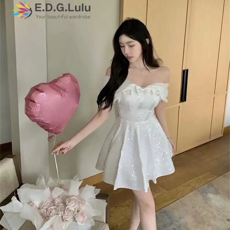 

Платье EDGLuLu с открытыми плечами и коротким рукавом, роскошное вечернее мини-платье с V-образным вырезом, бантом и высокой талией, розовое блестящее платье, модель 2024