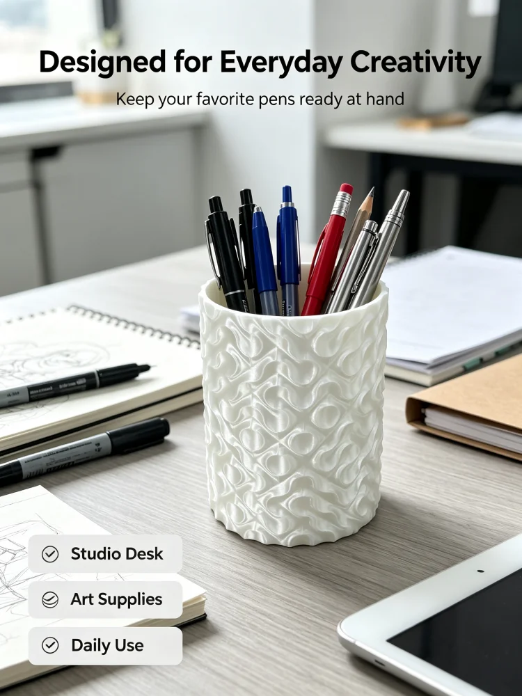 High-Aesthetic White Wave-Textured Pen Holder, 3D Printed Pla Material Ripple Pen Cup, Decorative Pen Holder with Embossed Texture, 3D Printed Desktop Decoration, High-Aesthetic Desktop Storage Box, Desktop Storage Cup, Desktop Pen Storage Rack, Atmospheric Desktop Ornament, Modern Style Pen Holder, Suitable for Office, School, Home, Study Room, Multiple Settings, Decorative Desktop Storage Box, Combines Practical Storage with Artistic Texture, Enhances the Appearance of the Desktop, Exquisite Design