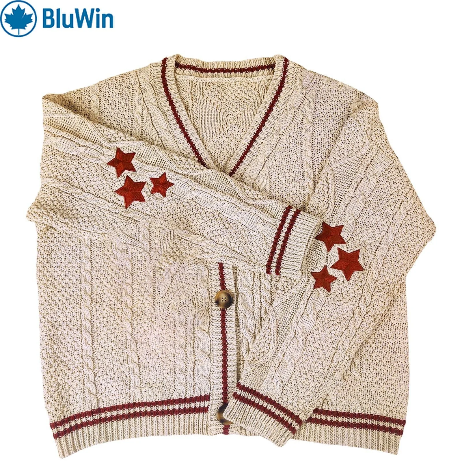 

BluWin 4Colors 2025 V-Neck Star Embroidered Cardigan – Women’s Loose Fit Long Sleeve Button Down Knit Sweater Coat