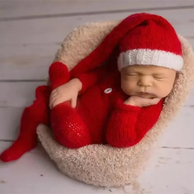 Newborn Photography Clothing Christmas Photo Shooting Red Mohair Footed Jumpsuit Long Tail Sleepy Hat Infant Photography Prop