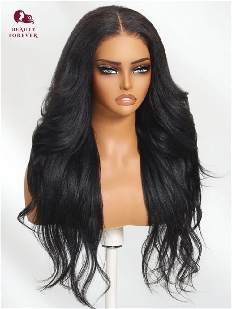 Beautyforever Wig Rambut Manusia Tanpa Lem Yaki Bergelombang Poni Potongan Lapisan Renda Pra Potong 7X5 Wig Tanpa Lem Simpul Bye Bye Rambut Manusia 180%