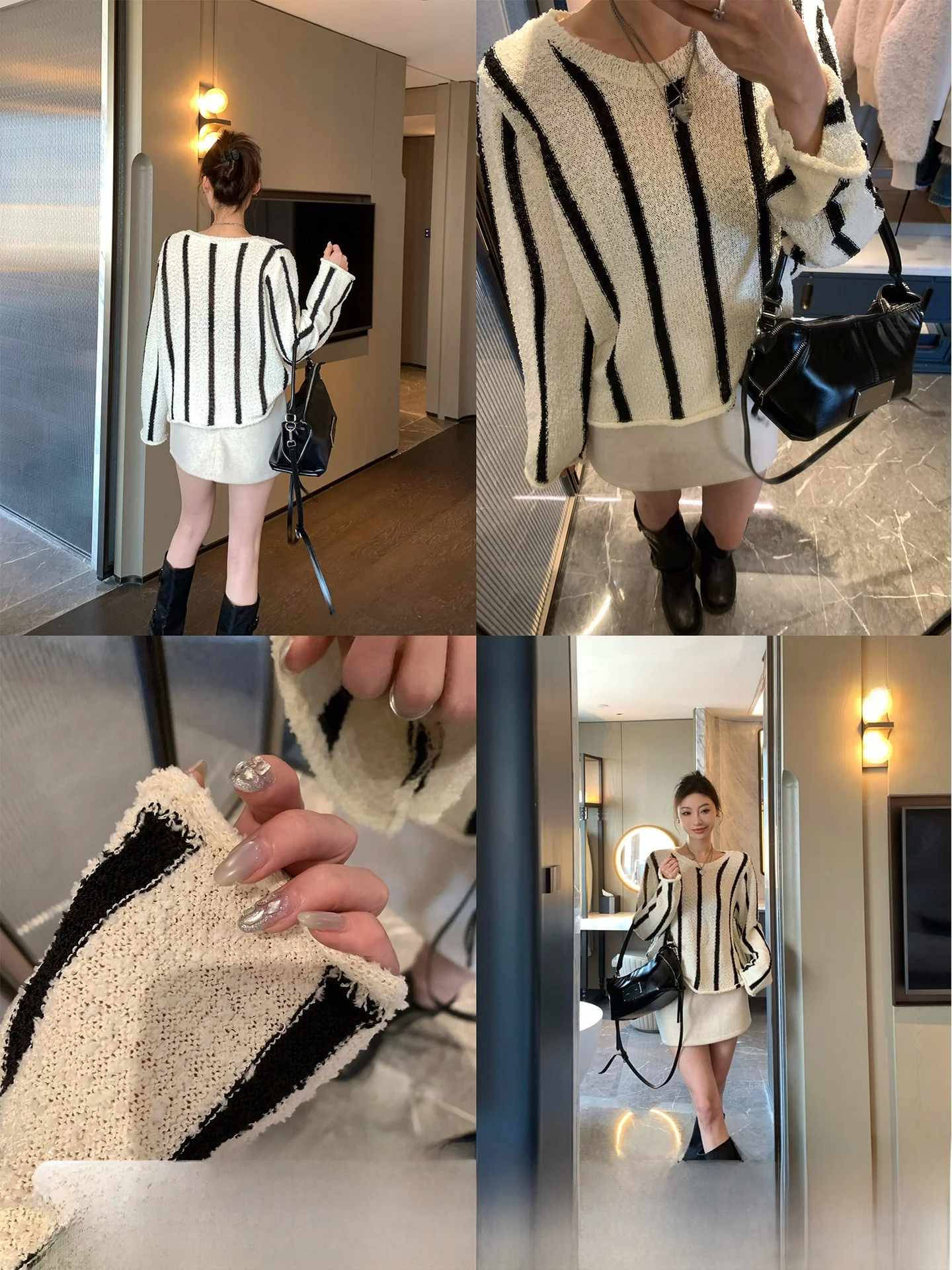 

GV Large White Brother Tokyo Street Loose Knitted Hollow out round Ne Striped Top Women's Faion Versatile New Design