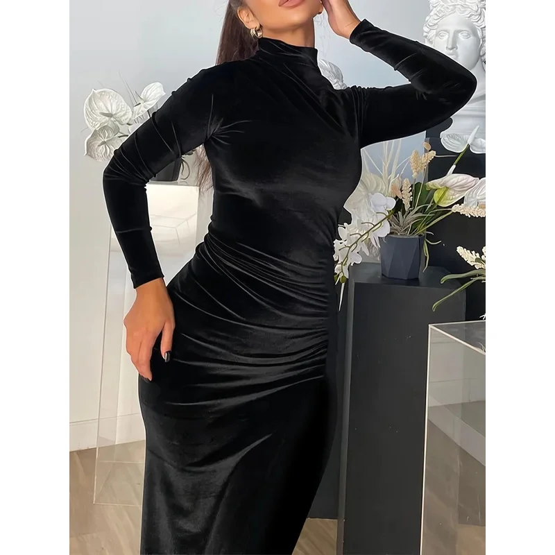 فساتين نسائية سوداء فستان بأكمام طويلة نصف ياقة عالية مثير عالي النحيف فستان مخملي أنيق للحفلات المسائية رداء فيستدو
