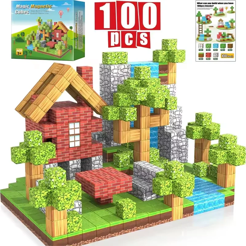 

100PCS Magnetic Blocks Build Magnet Setr Boy Girl Magnetic Construction Set table building games STEM Sensory Toys Toddlers Gift