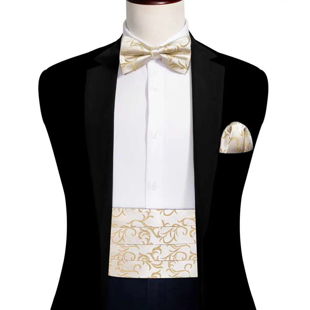 Barry.Wang Champagne Cummerbund Heren Zijden Bloemen Jacquard Bowtie Zak Vierkante Manchetknopen Sets Huwelijksfeest Geschenken Ontwerper 1037